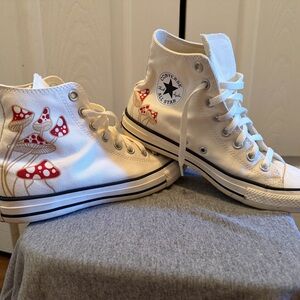 Converse White High-Tops with Red Mushroom Pattern